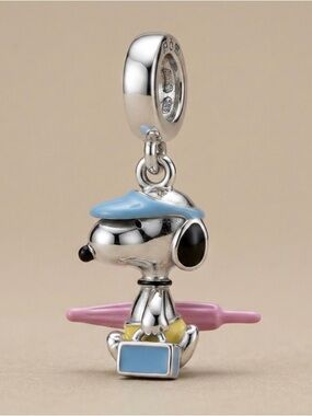 Silver Snoopy Surfing Dog Charm with Blue Hat and Pink Board